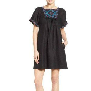 Madewell Black Linen Embroidered Babydoll Dress